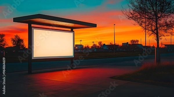 Fototapeta A stock photo featuring an empty billboard at a bus stop during a serene sunset.
