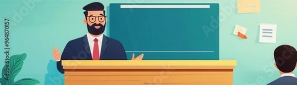 Fototapeta A confident male speaker delivering a presentation in a classroom, engaging an attentive audience with enthusiasm.
