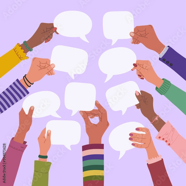 Obraz Multiracial hands holding speech bubbles, exchange of ideas or information. Teamwork, cooperation and communication. Hand drawn vector illustration isolated on purple background, flat cartoon style.