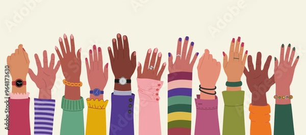 Obraz Diverse multiracial hands raised up. Team cooperation and communication. International community. Hand drawn vector vector illustration isolated on light background, modern flat cartoon style.