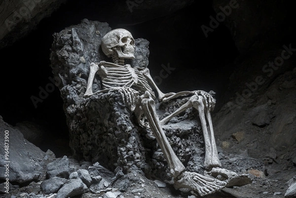 Fototapeta Skeleton Sitting on a Throne Made of Bones in a Dark Cave for a Chilling Halloween Illustration