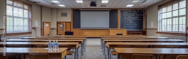 Fototapeta Empty Classroom with Wooden Desks and Sunlit Windows