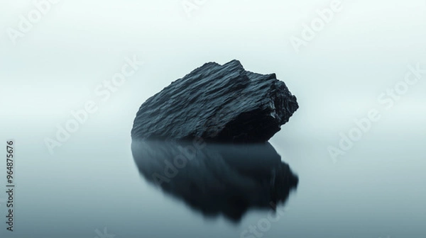Fototapeta Minimalist black rock formation rising from a mist-covered lake, contrasting dark textures with ethereal mist and soft blue waters for a serene landscape.