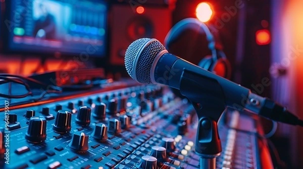 Obraz A radio host in a booth with a microphone and headphones, broadcasting live