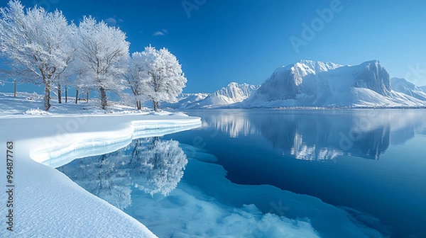 Obraz Serene winter scene with frosted trees reflecting in calm water.