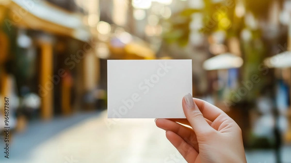 Fototapeta A white template business card in a hand on an outdoor background