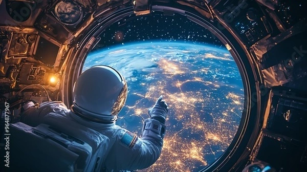 Fototapeta Astronaut inside spaceship cabin, looking out the window at Earth, exploring the universe from a rocket shuttle, future of space travel and technology in a cosmic background