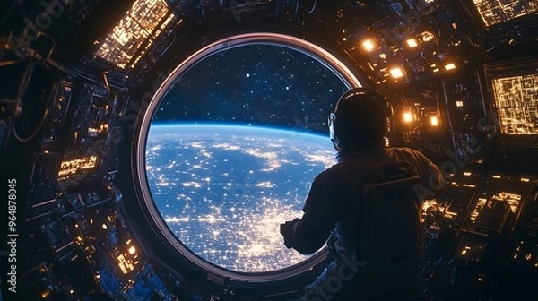 Obraz Astronaut inside spaceship cabin, looking out the window at Earth, exploring the universe from a rocket shuttle, future of space travel and technology in a cosmic background