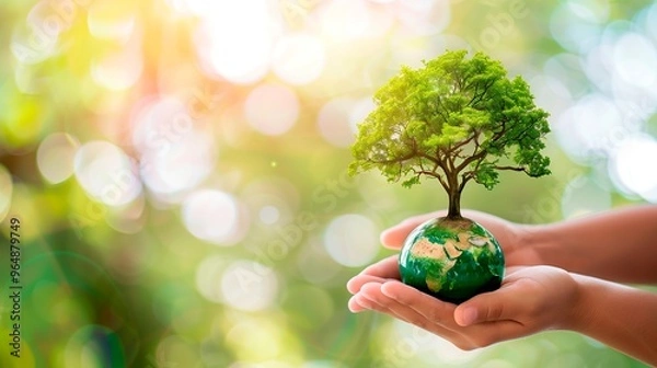 Fototapeta Hands holding a growing green tree with sunshine in the background, symbolizing environmental care, life, growth, and hope. A digital artwork illustration representing sustainability and ecological co