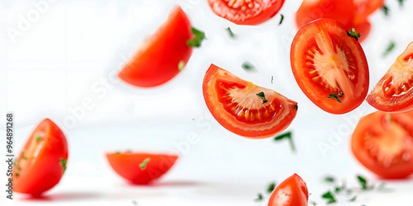 Fototapeta Tomato slices falling on white background