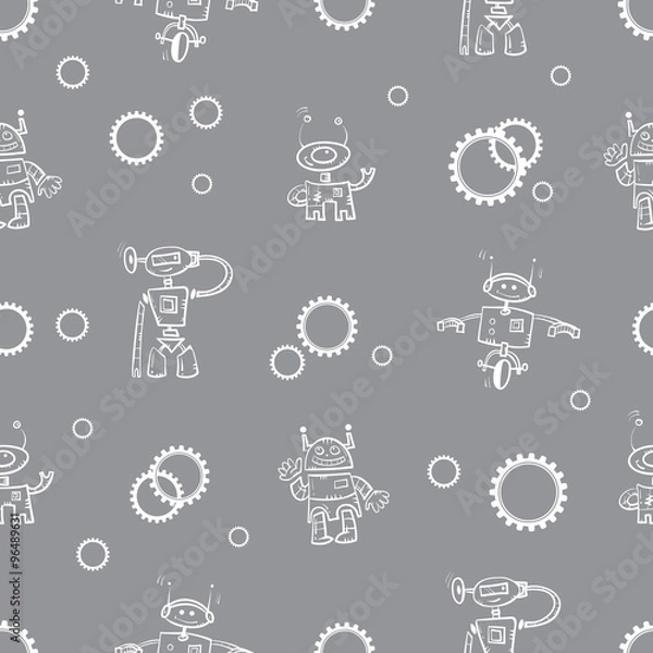 Obraz Vector seamless pattern with cartoon robots and gears on  gray background.