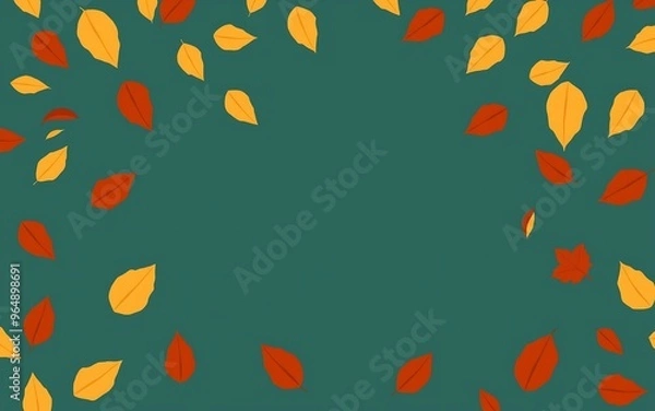 Fototapeta Orange and red leaves falling on a teal background, autumnal design, perfect for seasonal projects. 

