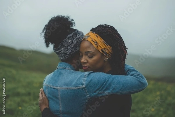 Fototapeta Two African American women with headbands hugging each other during a difficult moment for one of them