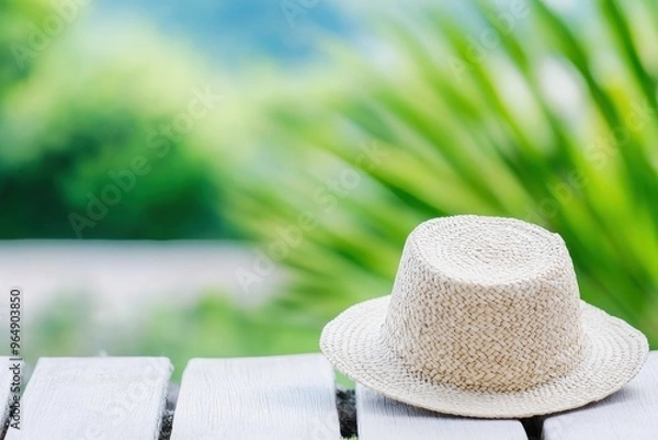 Fototapeta Straw hat resting on a wooden table in a green garden setting