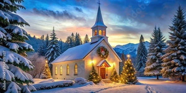 Fototapeta A serene winter wonderland scene featuring a snow-covered church with towering steeple, surrounded by evergreen trees and adorned with festive holiday lights and wreaths.