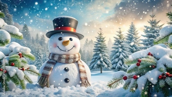 Fototapeta Joyful winter scene featuring a smiling snowman adorned with a festive top hat, scarf, and carrot nose, surrounded by snowflakes and evergreen branches.