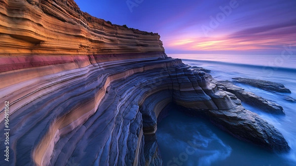 Fototapeta Coastal Cliff with Multi-colored Eroded Rock Formations and Crystal-Clear Waves at Sunset