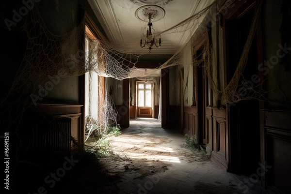 Fototapeta Gloomy atmosphere of abandoned mansion. Interior of dilapidated corridor with cobwebs and dust