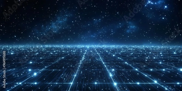 Fototapeta Abstract digital grid with glowing lights and stars in the night sky.