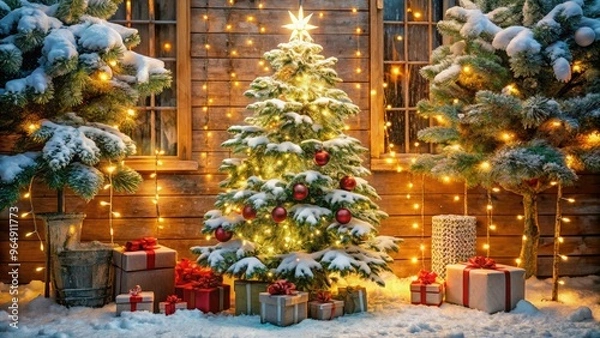 Fototapeta Snowflake-covered evergreen tree stands tall amidst festive holiday decorations, twinkling string lights, and wrapped gifts, evoking a sense of magic and winter wonderland enchantment.