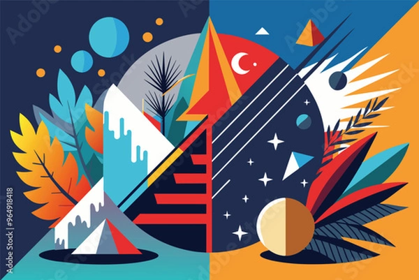 Fototapeta A vibrant split landscape illustrating contrasting nature and modernity during a sunny day with geometric shapes and colorful elements