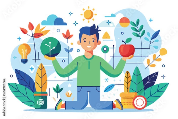 Obraz A young man demonstrating strength and resilience amidst a vibrant backdrop of leaves, flowers, and health icons, symbolizing personal well-being and fitness in a cheerful illustration