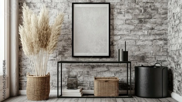 Obraz Boho chic style: Visualize a living room with a soft gray wall as the canvas. The mockup poster frame has a distressed wood finish, adding a bohemian touch.