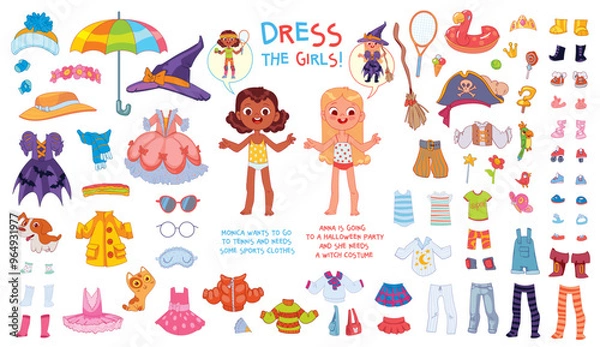 Obraz Help girls get dressed. Kid is going to a Halloween party. Child needs some sports clothes. Educational game for children. Colorful cartoon characters. Attention task. Funny cartoon character. Set