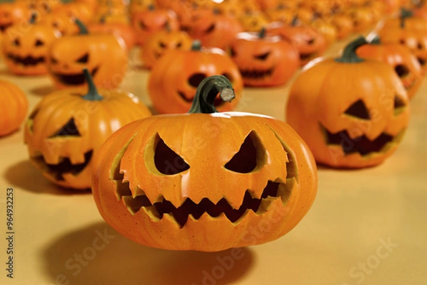 Obraz 3D Spooky Face Pumpkin with group of pumpkins with  cut-out faces