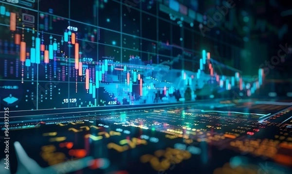 Fototapeta Stock Market Chart Displaying Candlestick and Line Graphs on Dark Blue Background with Icons Indicating Financial Services and AI Technology.