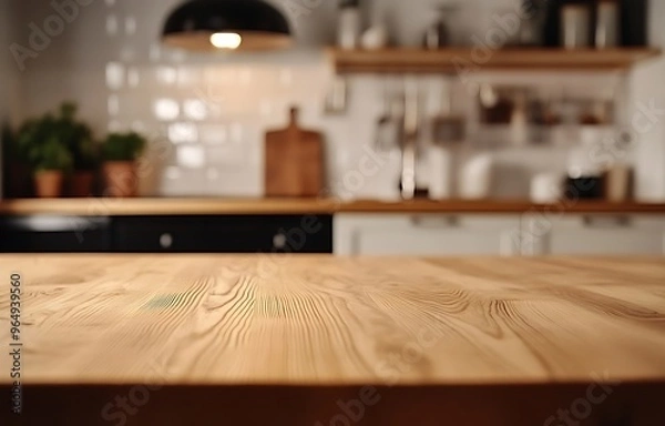 Fototapeta Wood table top on light abstract from kitchen room background.