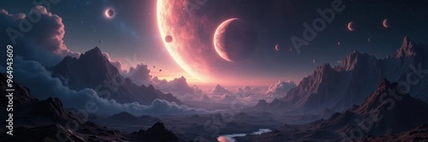 Fototapeta A stunning cosmic landscape featuring distant planets and swirling clouds, ideal for science fiction themes, digital art, or space exploration projects.