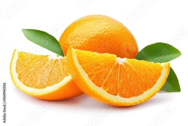 Obraz Orange fruit with orange slices and leaves isolated on white background. Orange with clipping path , ai