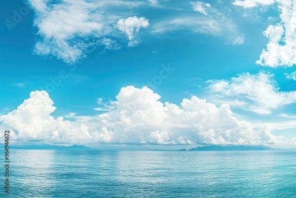Fototapeta Panorama of clear sky background for summer vacation concept at ocean and summer sea water with sunlight of beautiful cloudy sky , ai