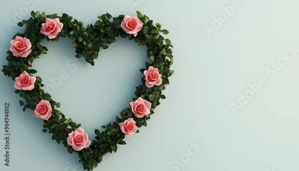 Fototapeta A beautiful heart shape made of pink roses and greenery, perfect for expressing love and emotions in any design project.