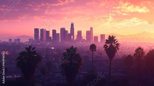 Fototapeta Trees and buildings against sky during sunset, Los Angeles, California, United States, USA