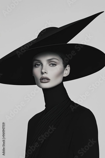Obraz Fashion magazine concept. Portrait of beautiful female model wearing designer clothing, hat and looking at camera on gray background. Haute couture style. Retro, vintage. Monochrome studio shot