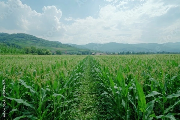 Fototapeta Panoramic view of corn field plantation growing up , ai