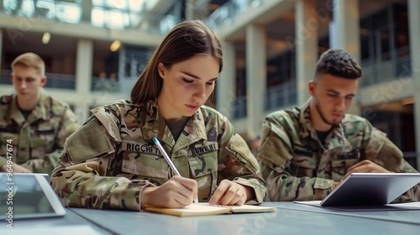 Fototapeta Cadets take test in military academy: Male and female military cadets take test or take notes during a class at a military academy.