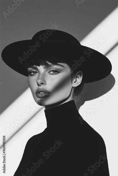 Obraz Fashion magazine concept. Portrait of beautiful female model wearing designer clothing, hat and looking at camera on gray background. Haute couture style. Retro, vintage. Monochrome studio shot