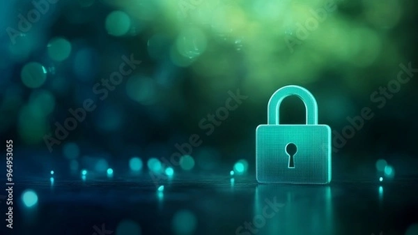 Fototapeta A glowing padlock symbolizing security and protection in a digital world, surrounded by vibrant bokeh lights.