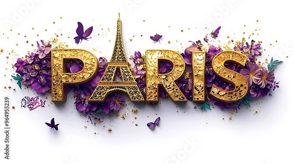 Fototapeta 3d rendered "PARIS" logo made of gold and purple featuring the; The Eiffel Tower. With floral patterns isolated on white background