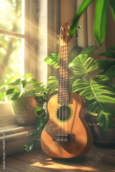 Obraz Sunlit Harmony: A Charming Ukulele Bathed in Warm Light on a Vintage Wooden Table.