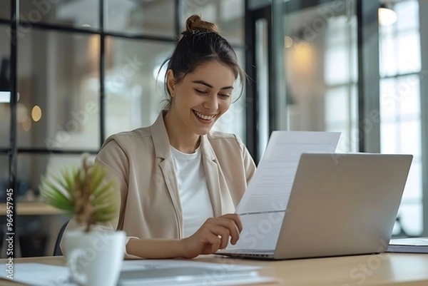 Fototapeta Happy busy mature business woman entrepreneur in office using laptop at work, smiling professional middle aged female company executive manager working looking at computer at workplace.