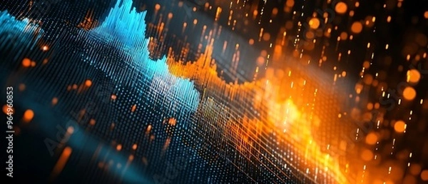 Fototapeta Close up of a financial stock market graph with blue and orange lines on a digital data chart background in the style of a business concept illustration.