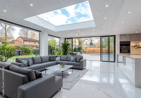 Fototapeta Property Interiors: Luxury interior view of an open plan grey shaker style fitted kitchen and lounge area with island, crushed velvet sofa, large open bifold patio doors & American fridge glossy tiled