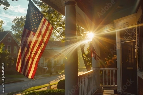 Fototapeta Front side of typical american porch colonial house with white traditional columns and pillars, beautiful garden in the back and forest - Generative AI