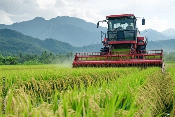 Fototapeta Rice harvester, green paddy field, natural daylight. Mountain range background
