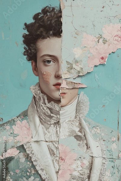 Obraz Marie Antoinette Epoch concept. Creative collage of the handsome aristocrat using mix of different techniques. Close up portrait. Avant-garde art postcard, poster style