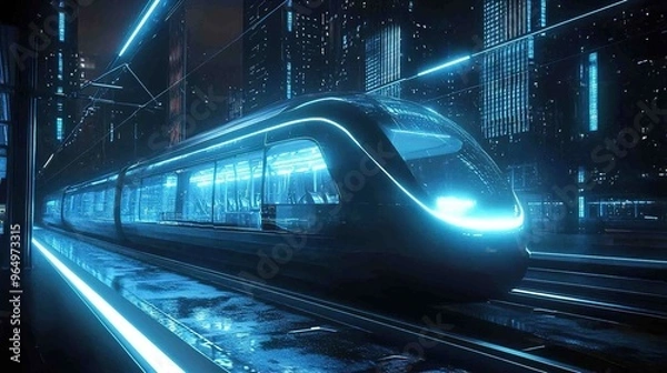 Fototapeta The image showcases a sleek, futuristic train station under the cover of night. The station is illuminated by bright, blue neon lights, casting a sci-fi ambiance over the entire scene. The modern trai